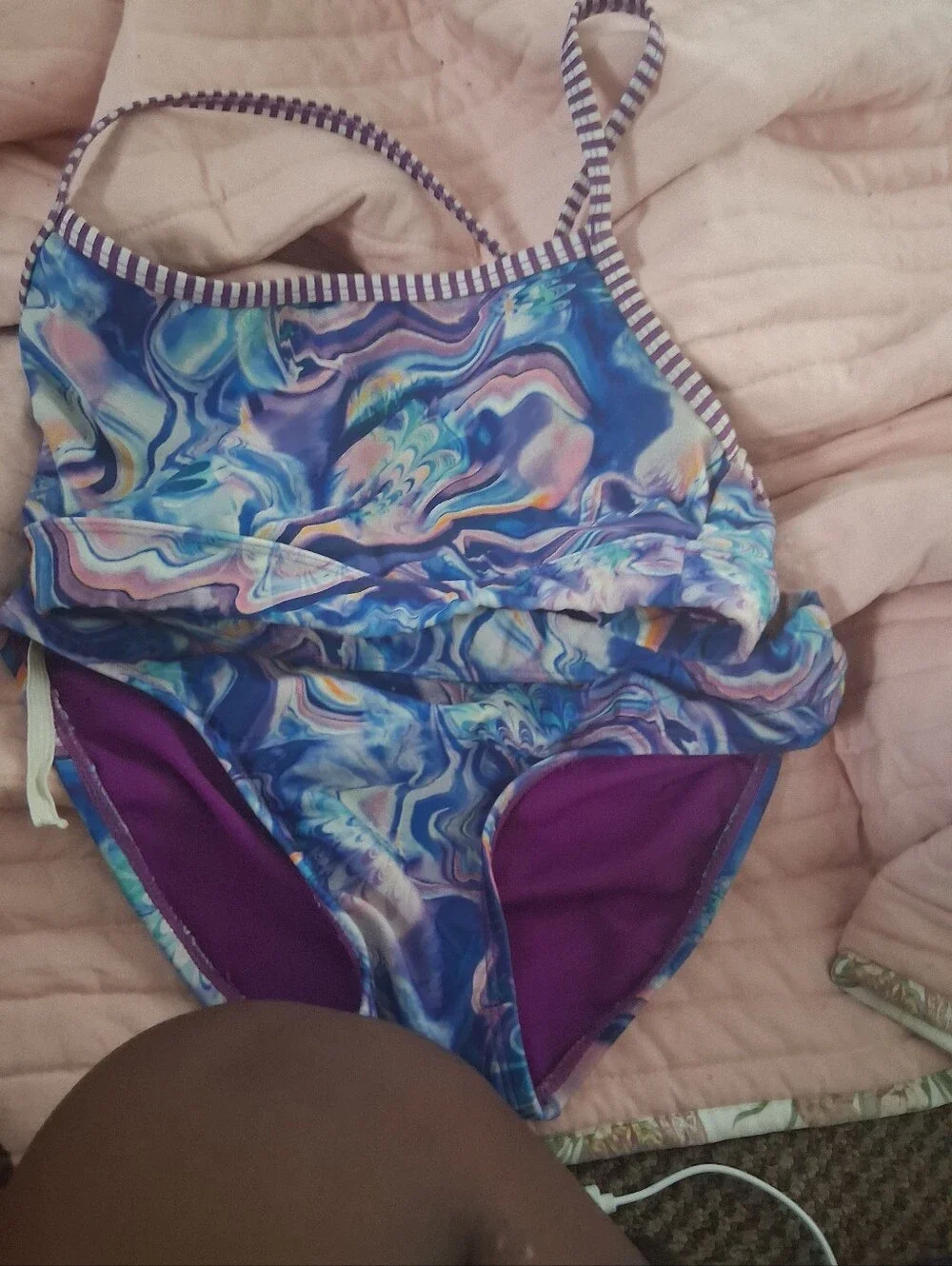 Girls One-Piece Swimsuit with Blue & Purple Swirl Print